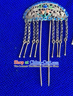 Chinese Ancient Court Lady Cloisonne Hairpin Traditional Qing Dynasty Silver Tassel Hair Stick