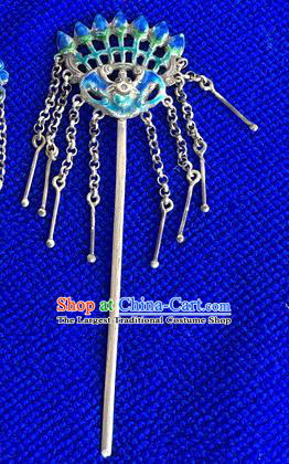 Chinese Traditional Qing Dynasty Silver Tassel Hair Stick Ancient Court Lady Cloisonne Bat Hairpin