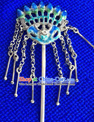 Chinese Traditional Qing Dynasty Silver Tassel Hair Stick Ancient Court Lady Cloisonne Bat Hairpin