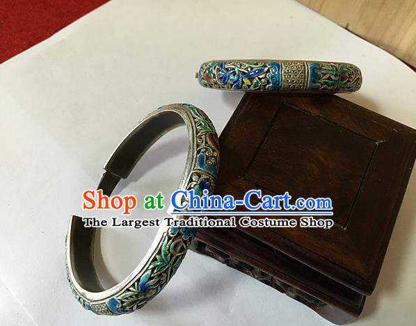 Handmade China Ethnic Carving Silver Bangle National Wedding Cloisonne Bracelet Accessories