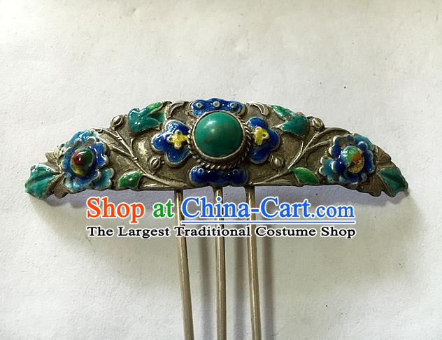 Chinese Traditional Qing Dynasty Noble Woman Silver Hairpin Ancient Imperial Consort Enamel Hair Comb