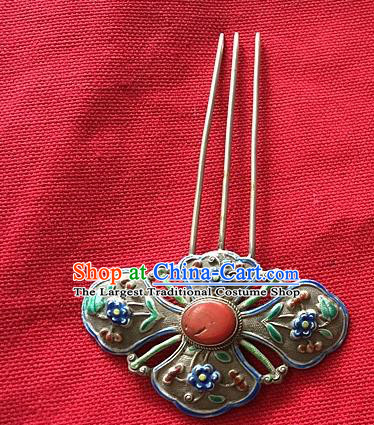Chinese Traditional Qing Dynasty Enamel Silver Hairpin Ancient Imperial Consort Coral Peony Hair Comb