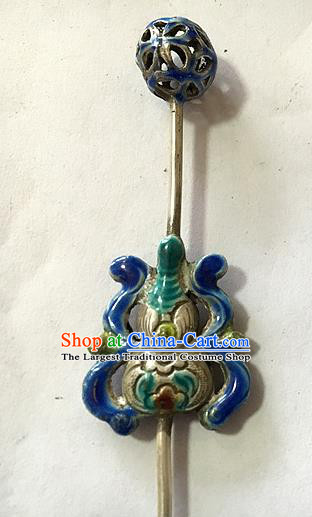 Chinese Ancient Noble Lady Enamel Hair Stick Traditional Qing Dynasty Imperial Consort Silver Gourd Hairpin
