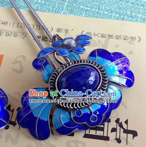Chinese Ancient Queen Lapis Hair Stick Traditional Qing Dynasty Enamel Peony Hairpin