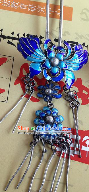 Chinese Ancient Royal Princess Cloisonne Hair Stick Traditional Qing Dynasty Palace Silver Tassel Hairpin