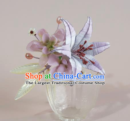 Chinese Ancient Princess Shell Leaf Hair Clip Traditional Hair Accessories Lilac Silk Lily Flower Hairpin