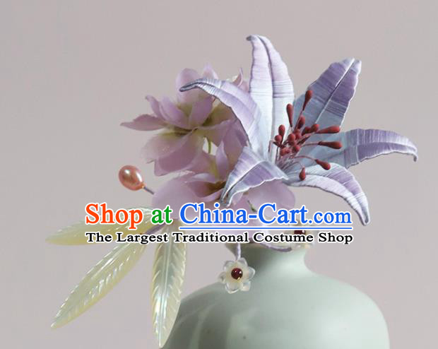 Chinese Ancient Princess Shell Leaf Hair Clip Traditional Hair Accessories Lilac Silk Lily Flower Hairpin