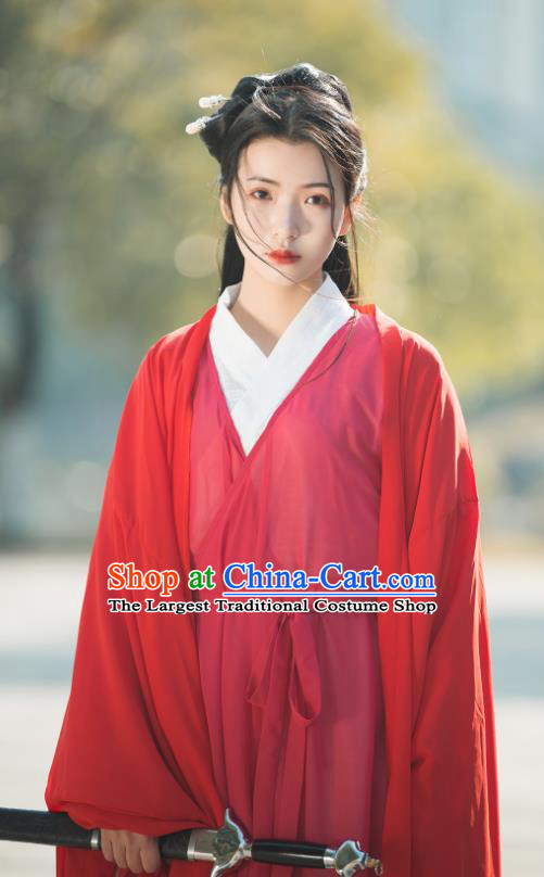 China Traditional Jin Dynasty Swordswoman Historical Clothing Ancient Princess Red Chiffon Hanfu Dress