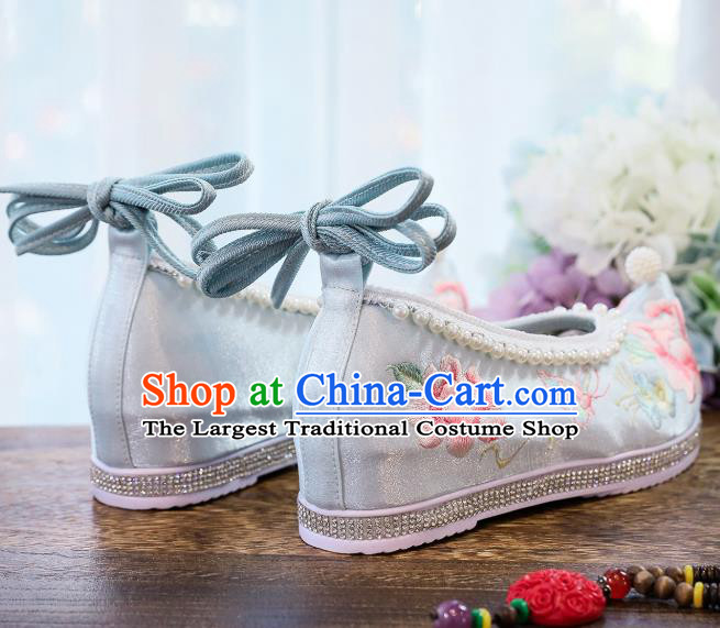 China National Embroidered Peony Shoes Traditional Hanfu Pearls Shoes Handmade Blue Satin Shoes