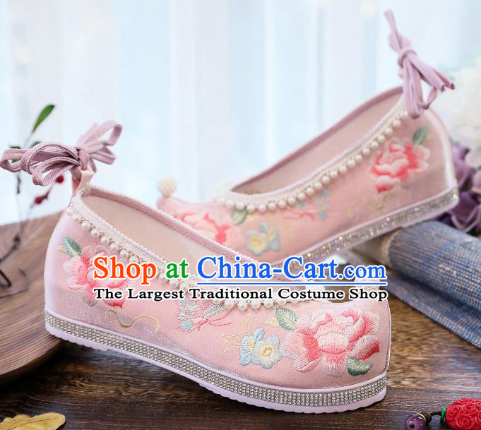 China Handmade Pink Satin Shoes National Embroidered Peony Shoes Traditional Hanfu Pearls Shoes