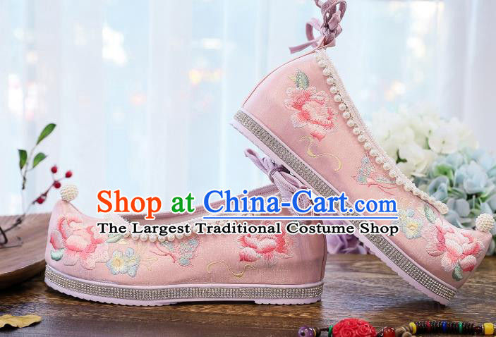 China Handmade Pink Satin Shoes National Embroidered Peony Shoes Traditional Hanfu Pearls Shoes