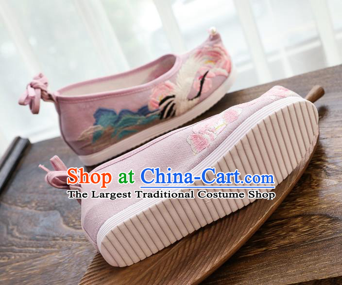China National Embroidered Crane Pink Shoes Traditional Ming Dynasty Hanfu Shoes Handmade Princess Shoes