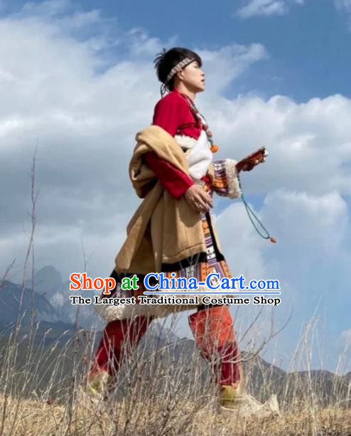 Chinese Xizang Ethnic Minority Khaki Tibetan Robe Traditional Zang Nationality Male Folk Dance Costumes
