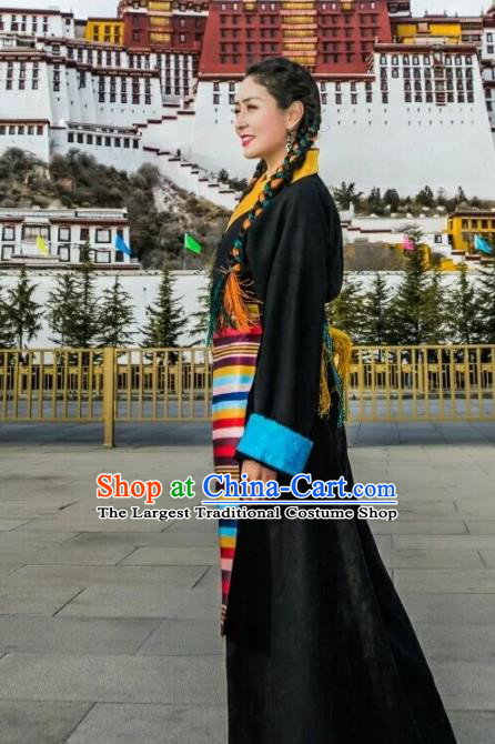 China Traditional Xizang Tibetan Minority Woman Costume Zang Nationality Black Brocade Bora Dress Clothing