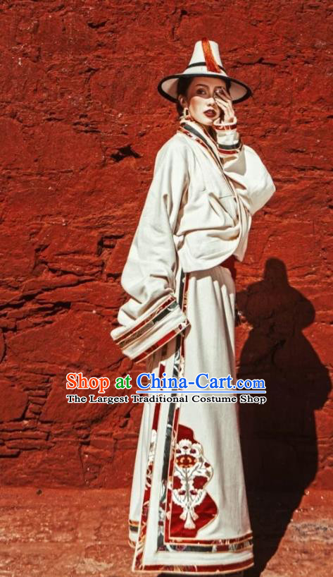 China Zang Nationality Stage Performance White Robe Clothing Traditional Xizang Tibetan Minority Female Costume