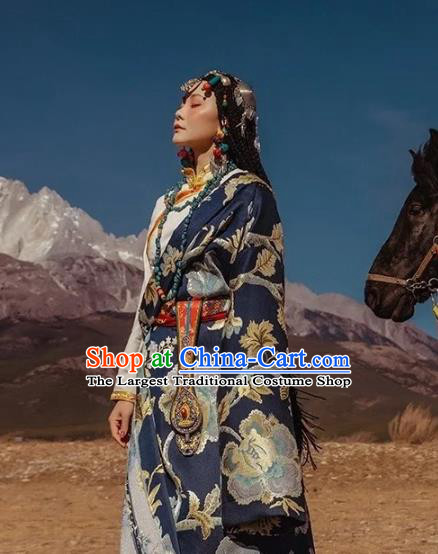 China Zang Nationality Stage Performance Navy Brocade Robe Traditional Xizang Tibetan Minority Wedding Clothing