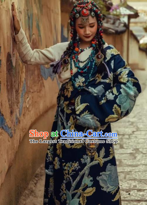 China Zang Nationality Stage Performance Navy Brocade Robe Traditional Xizang Tibetan Minority Wedding Clothing
