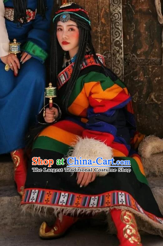 China Zang Nationality Colorful Woolen Robe Traditional Xizang Tibetan Minority Stage Performance Clothing