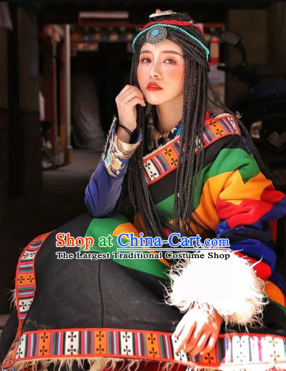 China Zang Nationality Colorful Woolen Robe Traditional Xizang Tibetan Minority Stage Performance Clothing
