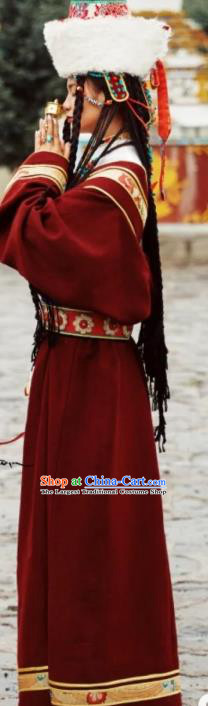 China Zang Nationality Wedding Red Woolen Robe Traditional Xizang Tibetan Minority Folk Dance Clothing
