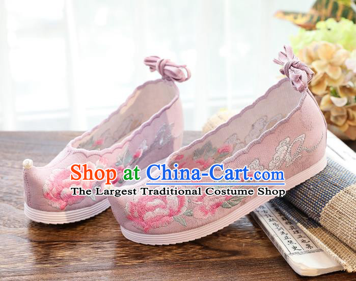 China Traditional Ming Dynasty Princess Shoes Handmade Pink Cloth Shoes National Embroidered Peony Hanfu Shoes