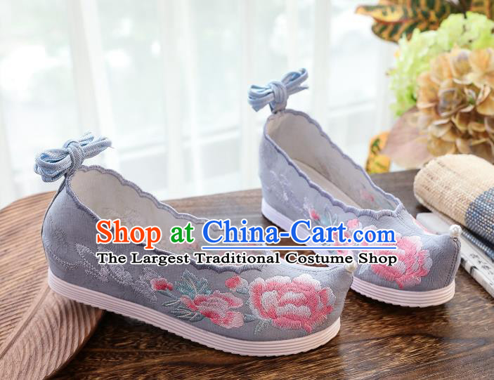 China National Embroidered Peony Hanfu Shoes Traditional Ming Dynasty Princess Shoes Handmade Grey Cloth Shoes