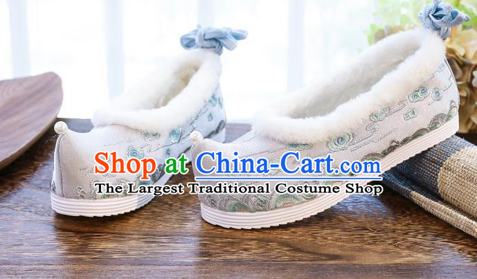 China Handmade Ancient Princess Shoes National Embroidered Grey Cloth Shoes Traditional Winter Hanfu Shoes