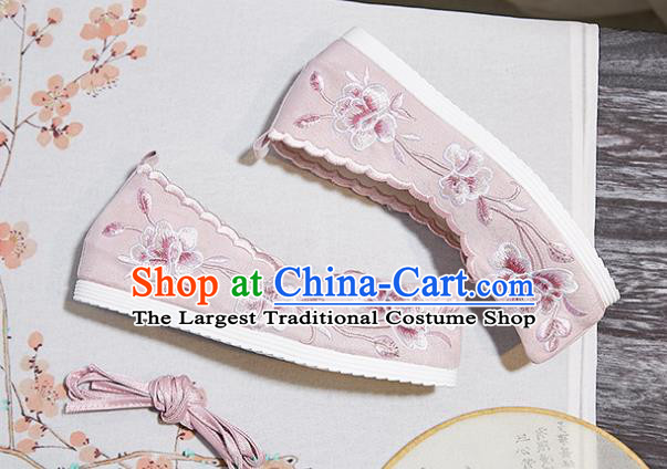 China National Embroidered Flowers Shoes Traditional Ming Dynasty Hanfu Shoes Handmade Princess Pink Cloth Shoes