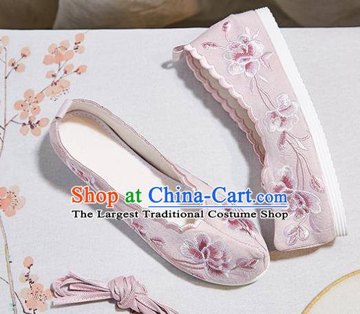 China National Embroidered Flowers Shoes Traditional Ming Dynasty Hanfu Shoes Handmade Princess Pink Cloth Shoes