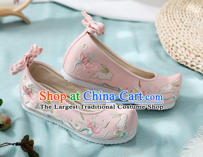 China Traditional Ming Dynasty Hanfu Shoes Handmade Princess Pink Cloth Shoes National Embroidered Rabbit Shoes