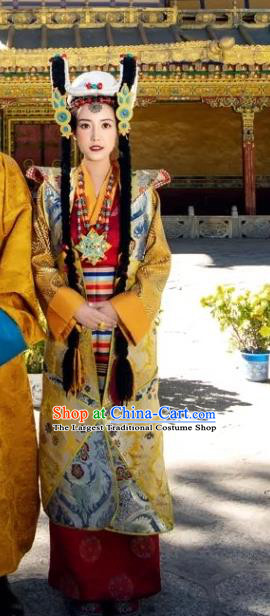 China Zang Nationality Noble Queen Clothing Traditional Xizang Tibetan Minority Golden Brocade Outfits
