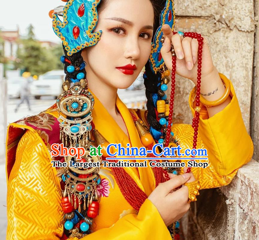 China Zang Nationality Noble Queen Clothing Traditional Xizang Tibetan Minority Golden Brocade Outfits