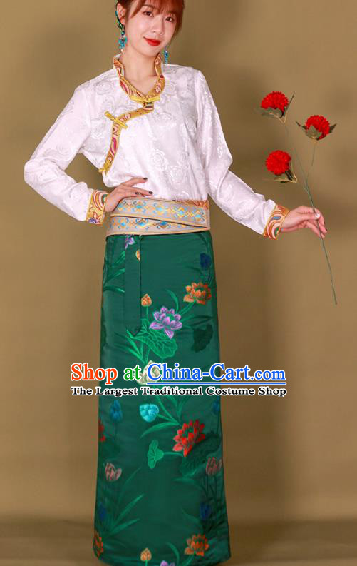 Chinese Tibetan Ethnic Folk Dance Woman Clothing Zang Nationality Heishui Dance Green Brocade Skirt