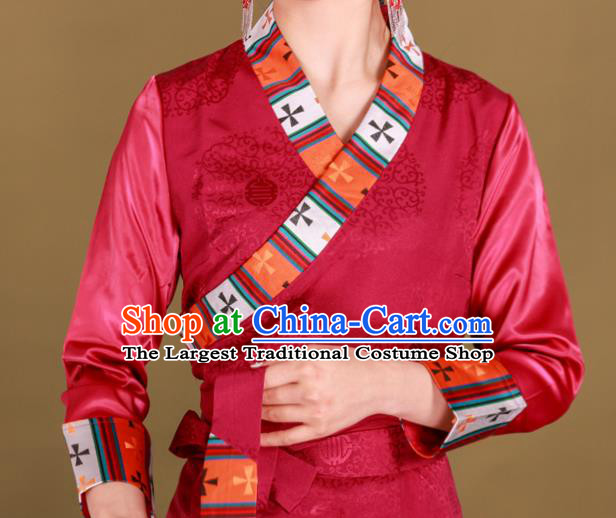 China Zang Nationality Stage Performance Clothing Traditional Xizang Tibetan Minority Folk Dance Red Bola Dress