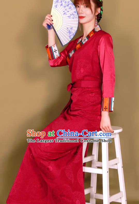 China Zang Nationality Stage Performance Clothing Traditional Xizang Tibetan Minority Folk Dance Red Bola Dress