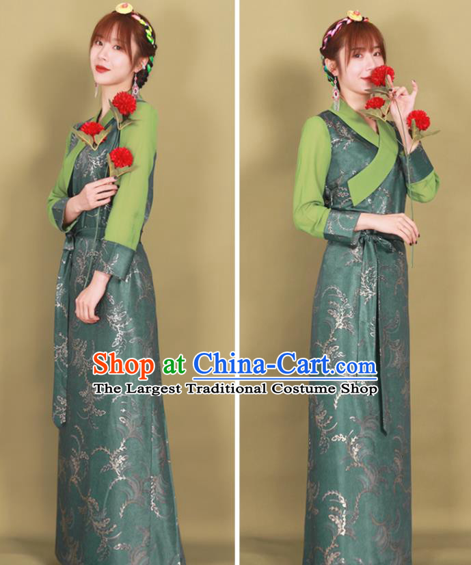 China Zang Nationality Green Bola Dress Clothing Traditional Xizang Tibetan Minority Heishui Dance Woman Clothing