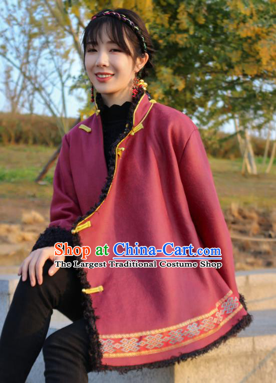 Chinese Tibetan Ethnic Winter Outer Garment Clothing Zang Nationality Woman Wine Red Brushed Jacket