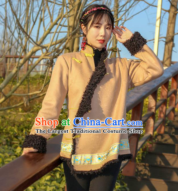 Chinese Zang Nationality Woman Khaki Brushed Jacket Tibetan Ethnic Winter Outer Garment Clothing