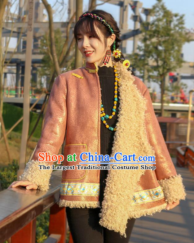 Chinese Traditional Tibetan Ethnic Woman Outer Garment Clothing Zang Nationality Winter Pink Brushed Jacket