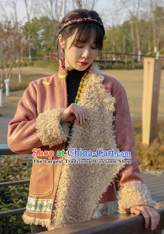 Chinese Traditional Tibetan Ethnic Woman Outer Garment Clothing Zang Nationality Winter Pink Brushed Jacket