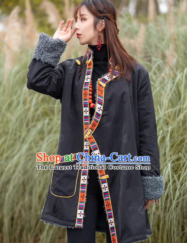 Chinese Traditional Tibetan Ethnic Winter Outer Garment Clothing Zang Nationality Black Satin Cotton Wadded Jacket