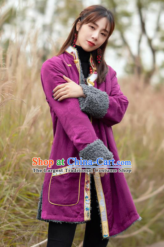 Chinese Zang Nationality Winter Purple Brocade Cotton Wadded Coat Traditional Tibetan Ethnic Greatcoat Clothing
