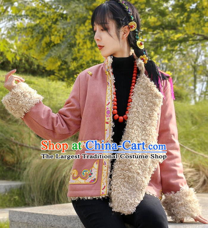 Chinese Zang Nationality Winter Embroidered Pink Jacket Traditional Tibetan Ethnic Female Outer Garment Clothing