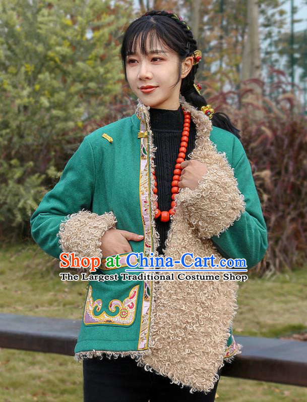 Chinese Zang Nationality Embroidered Green Jacket Clothing Traditional Tibetan Ethnic Winter Outer Garment