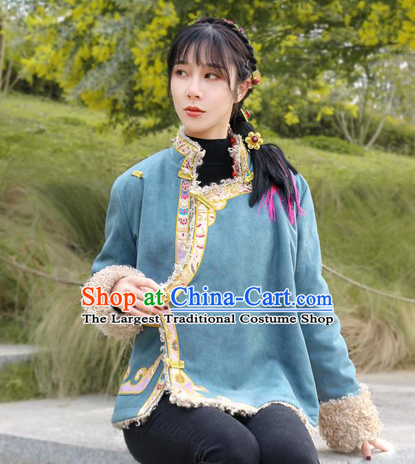 Chinese Zang Nationality Winter Embroidered Blue Jacket Clothing Traditional Tibetan Ethnic Lamb Wool Outer Garment