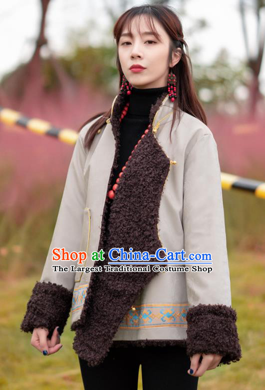 Chinese Traditional Tibetan Ethnic Winter Lamb Wool Outer Garment Clothing Zang Nationality Light Grey Leather Jacket