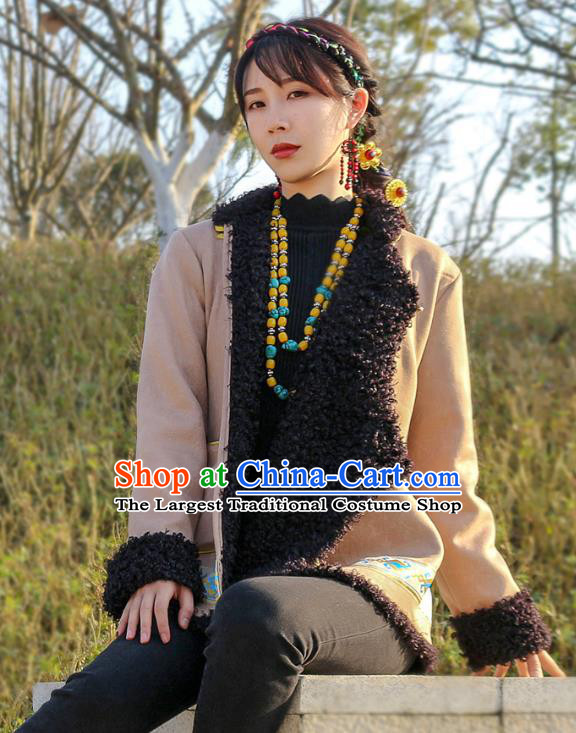 Chinese Traditional Winter Lamb Wool Outer Garment Tibetan Ethnic Khaki Leather Jacket Zang Nationality Clothing