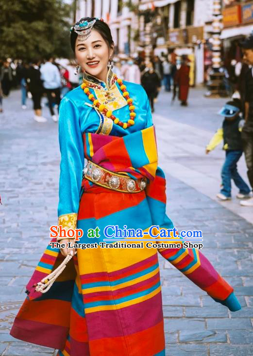 China Zang Nationality Stage Performance Clothing Traditional Xizang Tibetan Minority Blue Blouse and Rosy Robe Outfits