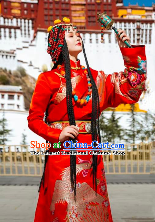China Zang Nationality Bride Wedding Clothing Traditional Xizang Tibetan Minority Performance Red Brocade Robe