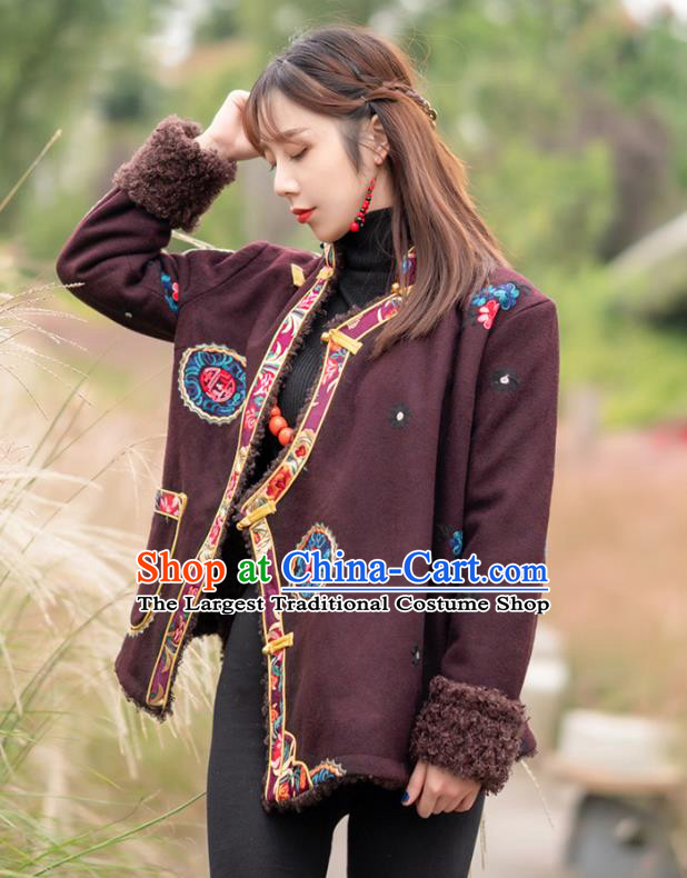 Chinese Tibetan Ethnic Embroidered Wine Red Jacket Zang Nationality Winter Clothing Traditional Lamb Wool Outer Garment